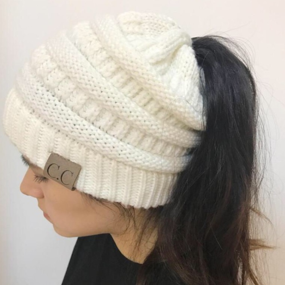 Cable Knit Ponytail Beanie